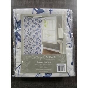 Cottage Classics Blue‎ & White Fabric Shower Curtain 72"x72" Jacobean Scroll